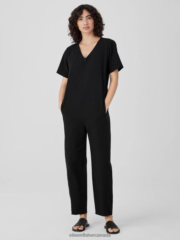 EILEEN FISHER Cotton Hemp Stretch Lantern Jumpsuit Easy Fit Ankle Length Women BLACK Clothing 024FN641