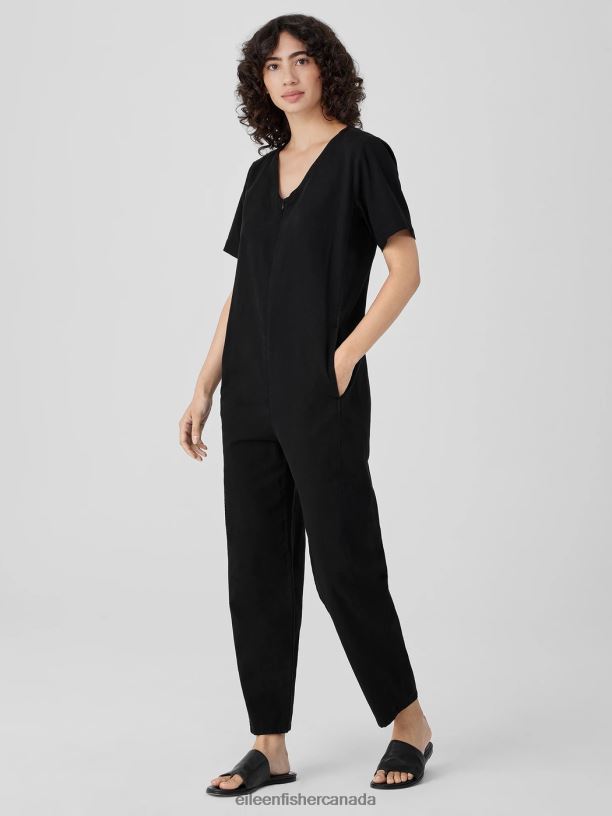 EILEEN FISHER Cotton Hemp Stretch Lantern Jumpsuit Easy Fit Ankle Length Women BLACK Clothing 024FN641