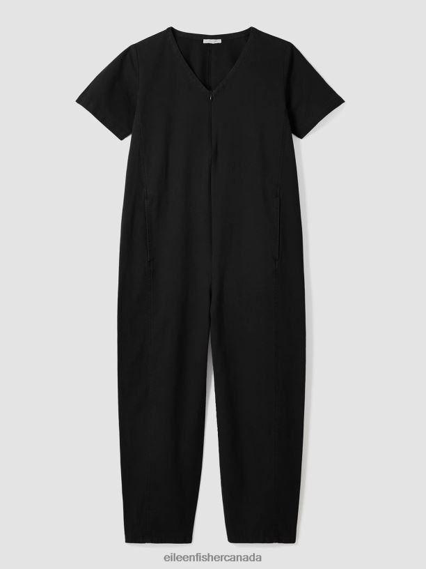 EILEEN FISHER Cotton Hemp Stretch Lantern Jumpsuit Easy Fit Ankle Length Women BLACK Clothing 024FN641