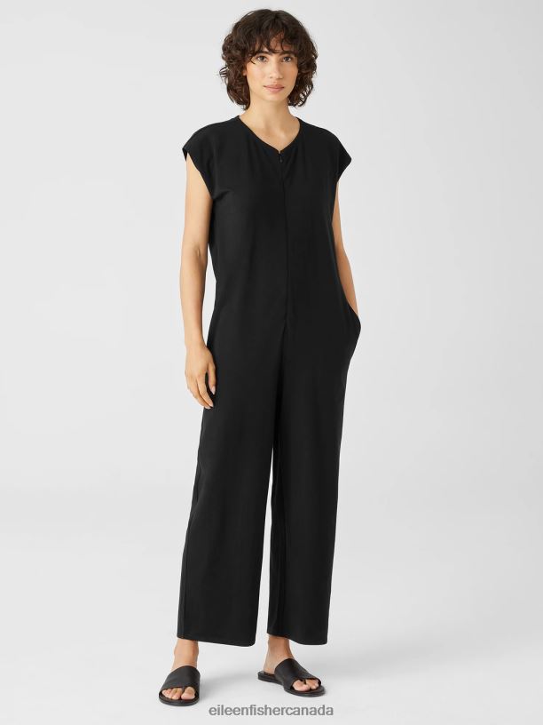 EILEEN FISHER Traceable Cotton JerseyJumpsuit Boxy Fit Cropped Length Women BLACK Clothing 024FN730