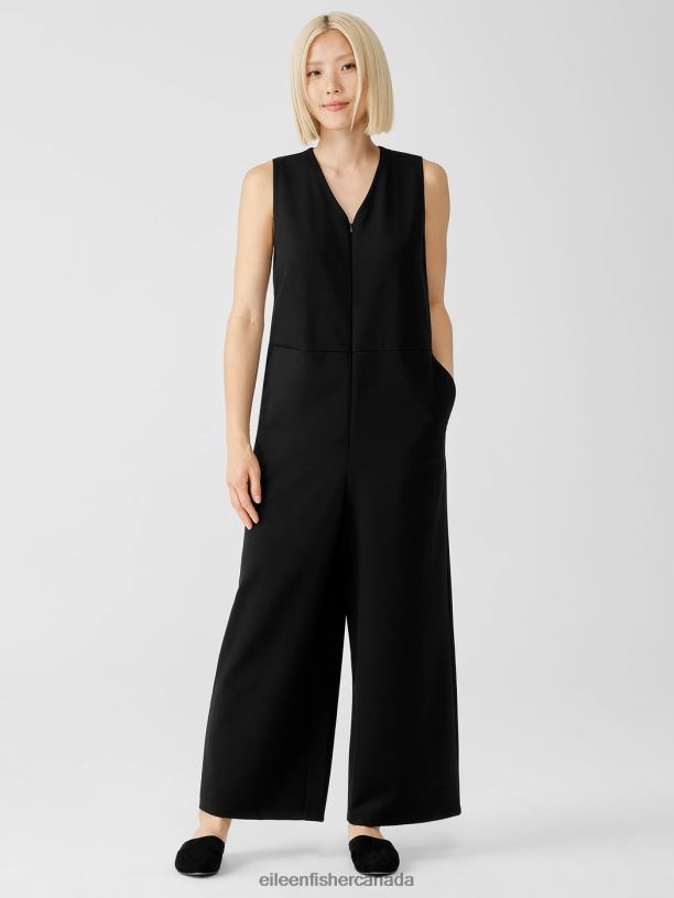 EILEEN FISHER Washable Flex Ponte V-Neck Jumpsuit Easy Fit Ankle Length Women BLACK Clothing 024FN667