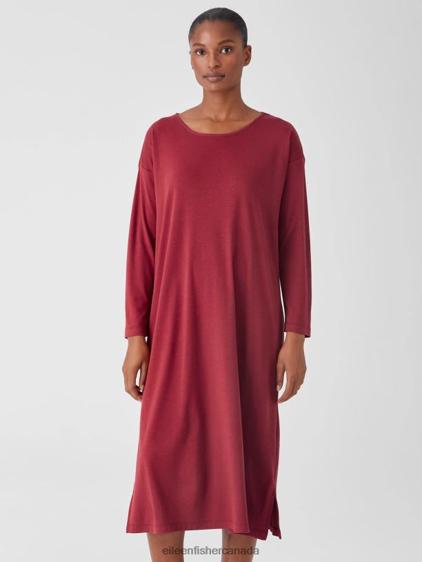 EILEEN FISHER Cozy Organic Cotton Interlock Dress Boxy Fit Calf Length Women CRANBERRY Clothing 024FN978