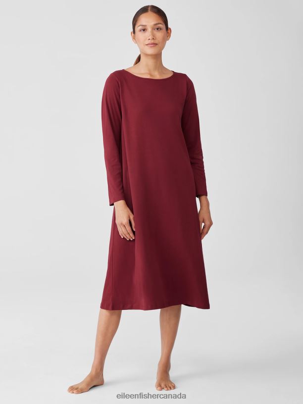 EILEEN FISHER Organic Cotton Interlock Sleep Dress Easy Fit Calf Length Women CRANBERRY Clothing 024FN962