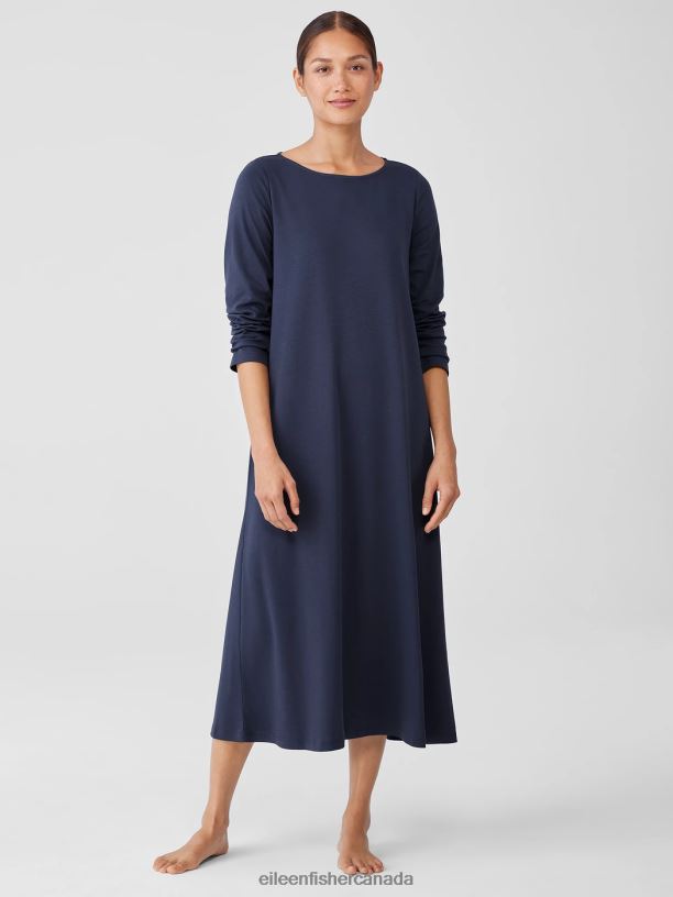 EILEEN FISHER Organic Cotton Interlock Sleep Dress Easy Fit Calf Length Women INDIGO Clothing 024FN960