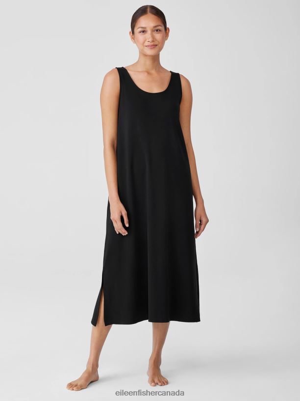 EILEEN FISHER Organic Cotton Interlock Tank Sleep Dress Easy Fit Calf Length Women BLACK Clothing 024FN1001