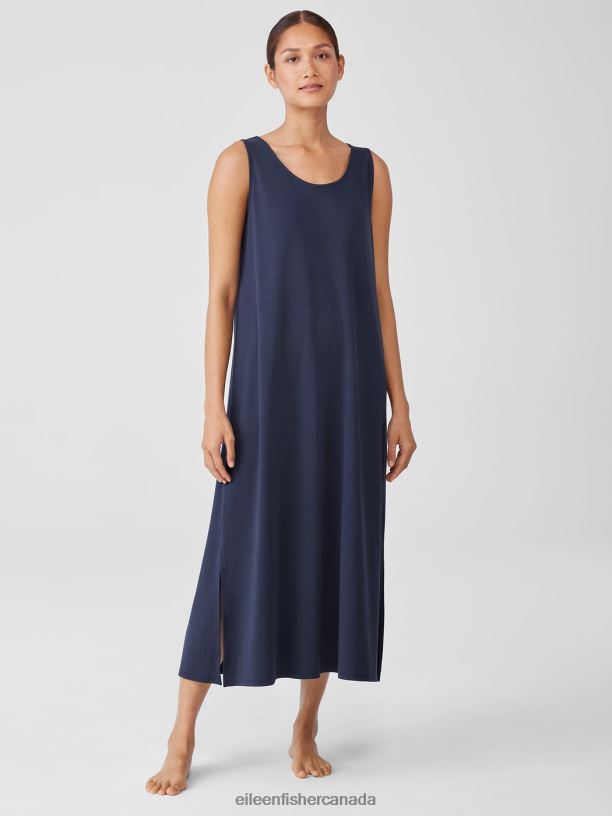 EILEEN FISHER Organic Cotton Interlock Tank Sleep Dress Easy Fit Calf Length Women INDIGO Clothing 024FN1002