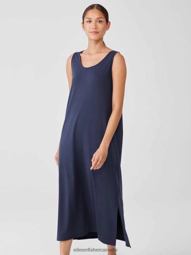 EILEEN FISHER Organic Cotton Interlock Tank Sleep Dress Easy Fit Calf Length Women INDIGO Clothing 024FN1002