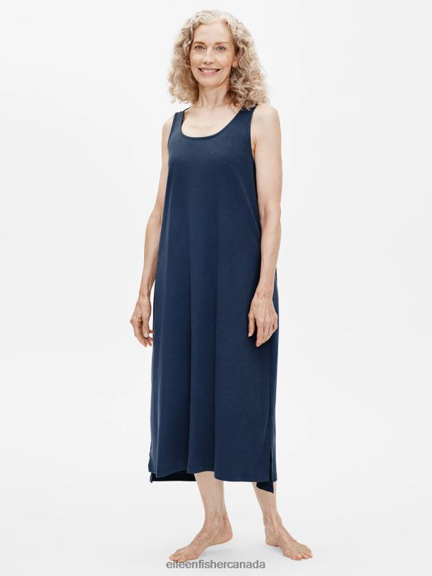 EILEEN FISHER Organic Cotton Interlock Tank Sleep Dress Easy Fit Calf Length Women INDIGO Clothing 024FN1031