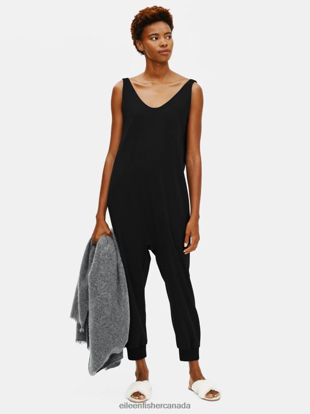 EILEEN FISHER Organic Cotton Interlock Sleep Jumpsuit Easy Fit Cropped Length Women BLACK Clothing 024FN1034