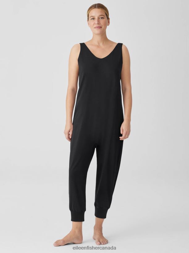 EILEEN FISHER Organic Cotton Interlock Sleep Jumpsuit Easy Fit Cropped Length Women BLACK Clothing 024FN931