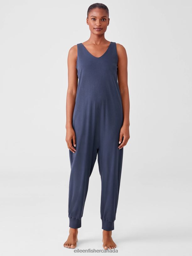 EILEEN FISHER Organic Cotton Interlock Sleep Jumpsuit Easy Fit Cropped Length Women INDIGO Clothing 024FN933
