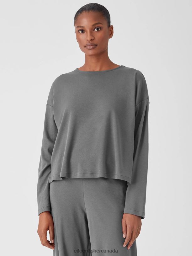 EILEEN FISHER Cozy Organic Cotton Interlock Box-Top Boxy Fit Short Length Women ASH Clothing 024FN986