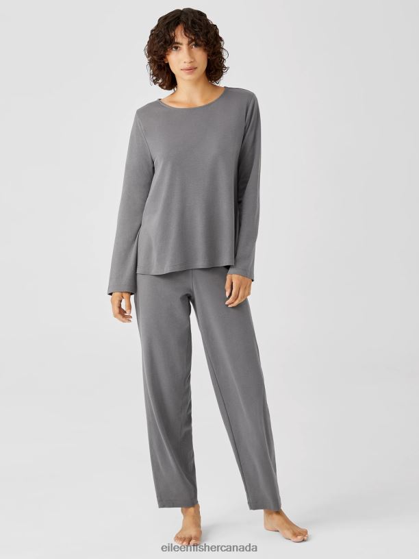 EILEEN FISHER Cozy Organic Cotton Interlock Jewel Neck Top Easy Fit Basic Length Women ASH Clothing 024FN994