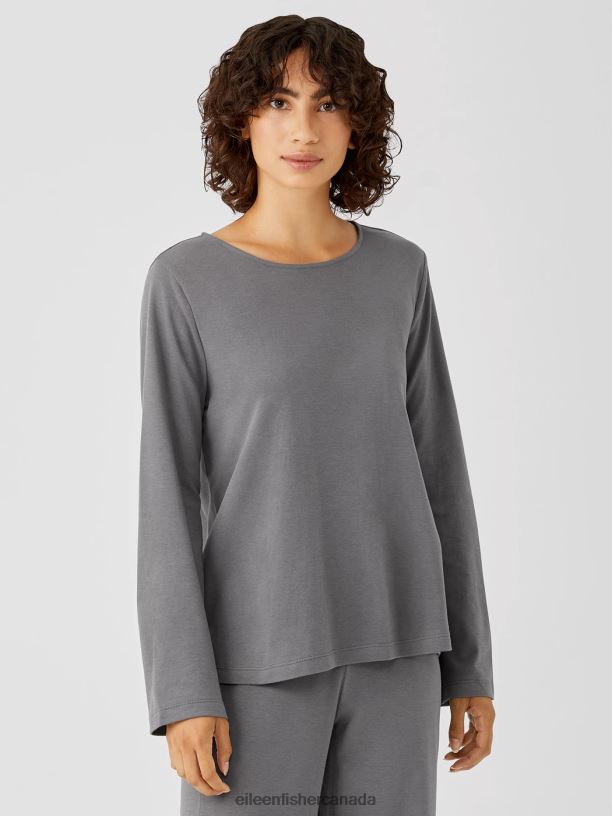 EILEEN FISHER Cozy Organic Cotton Interlock Jewel Neck Top Easy Fit Basic Length Women ASH Clothing 024FN994