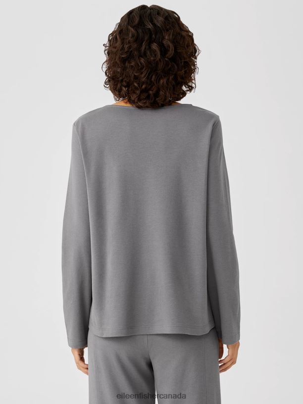 EILEEN FISHER Cozy Organic Cotton Interlock Jewel Neck Top Easy Fit Basic Length Women ASH Clothing 024FN994