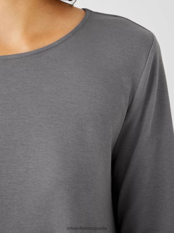 EILEEN FISHER Cozy Organic Cotton Interlock Jewel Neck Top Easy Fit Basic Length Women ASH Clothing 024FN994