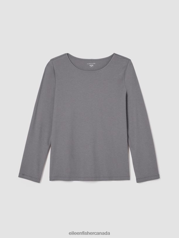 EILEEN FISHER Cozy Organic Cotton Interlock Jewel Neck Top Easy Fit Basic Length Women ASH Clothing 024FN994