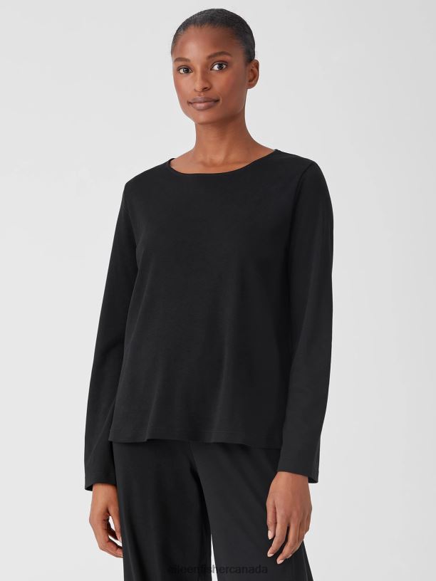 EILEEN FISHER Cozy Organic Cotton Interlock Jewel Neck Top Easy Fit Basic Length Women BLACK Clothing 024FN993