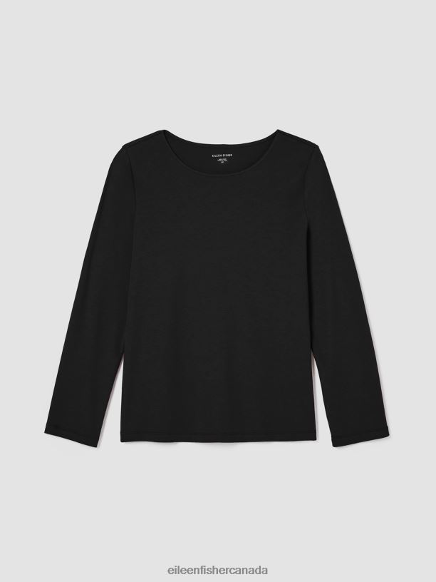 EILEEN FISHER Cozy Organic Cotton Interlock Jewel Neck Top Easy Fit Basic Length Women BLACK Clothing 024FN993