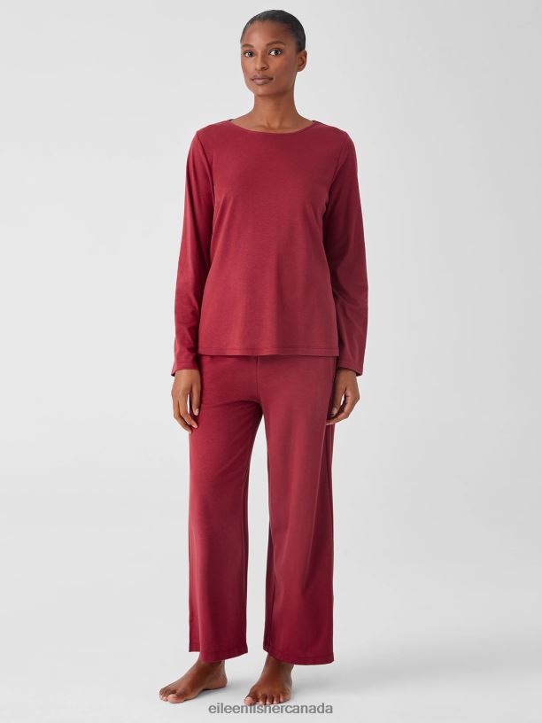 EILEEN FISHER Cozy Organic Cotton Interlock Jewel Neck Top Easy Fit Basic Length Women CRANBERRY Clothing 024FN997
