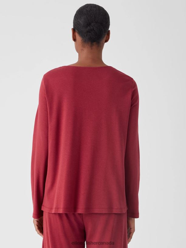 EILEEN FISHER Cozy Organic Cotton Interlock Jewel Neck Top Easy Fit Basic Length Women CRANBERRY Clothing 024FN997