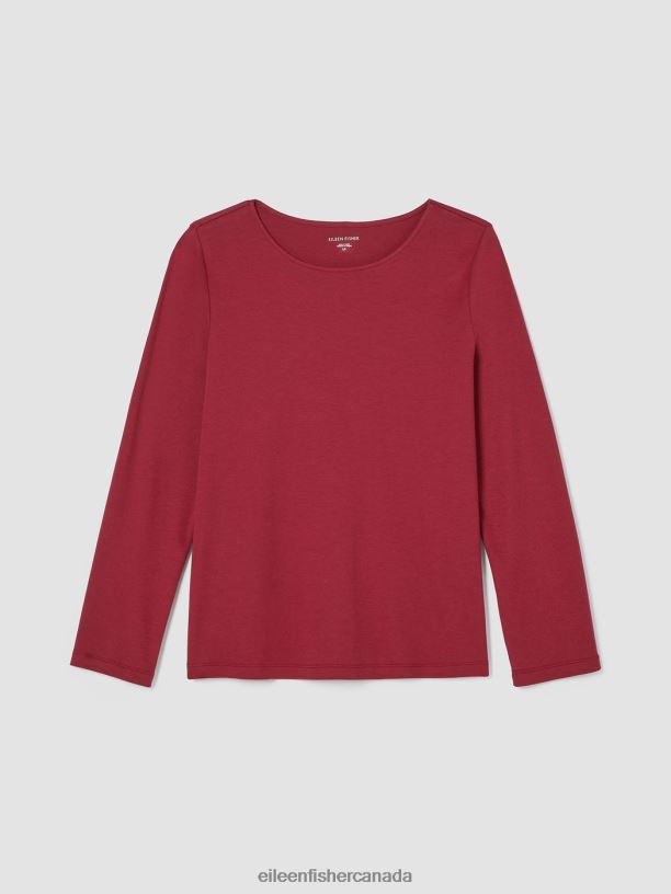 EILEEN FISHER Cozy Organic Cotton Interlock Jewel Neck Top Easy Fit Basic Length Women CRANBERRY Clothing 024FN997