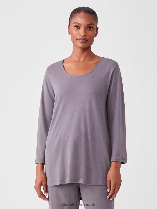 EILEEN FISHER Cozy Organic Cotton Interlock U-Neck Top Easy Fit Long Length Women ASH Clothing 024FN924