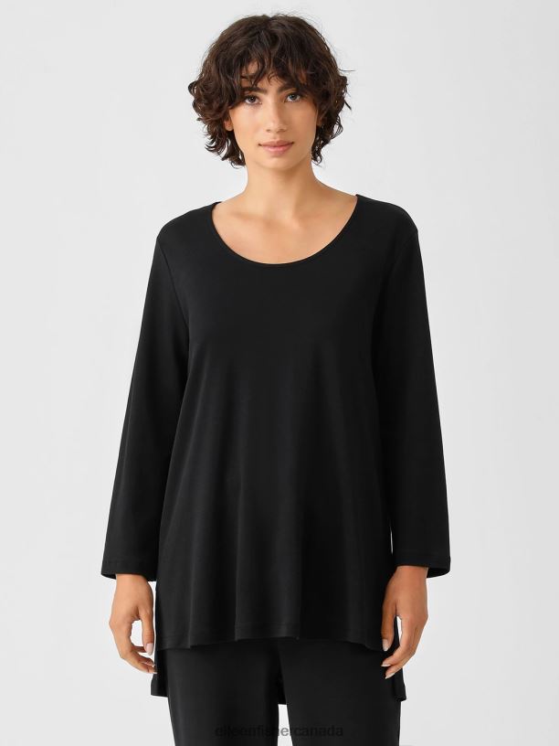 EILEEN FISHER Cozy Organic Cotton Interlock U-Neck Top Easy Fit Long Length Women BLACK Clothing 024FN923