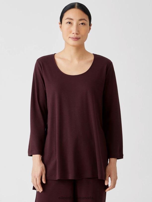 EILEEN FISHER Cozy Organic Cotton Interlock U-Neck Top Easy Fit Long Length Women CASSIS Clothing 024FN927