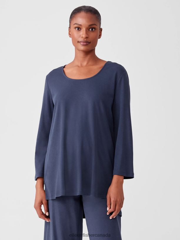 EILEEN FISHER Cozy Organic Cotton Interlock U-Neck Top Easy Fit Long Length Women INDIGO Clothing 024FN925