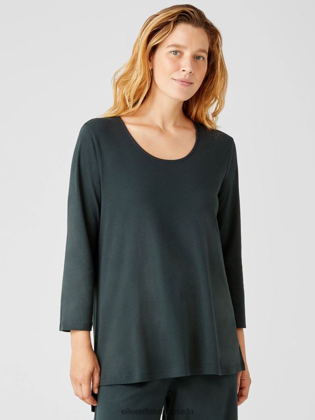 EILEEN FISHER Cozy Organic Cotton Interlock U-Neck Top Easy Fit Long Length Women IVY Clothing 024FN930