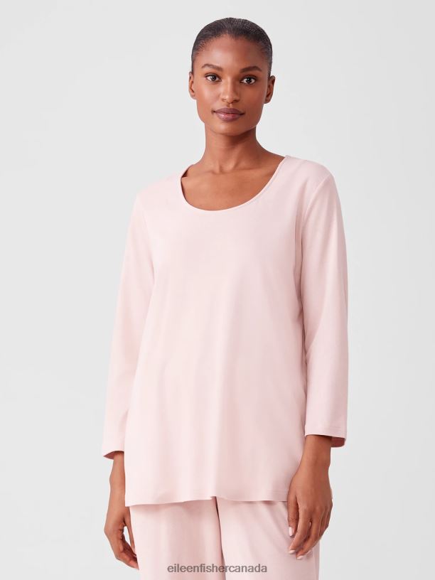 EILEEN FISHER Cozy Organic Cotton Interlock U-Neck Top Easy Fit Long Length Women POWDER Clothing 024FN929