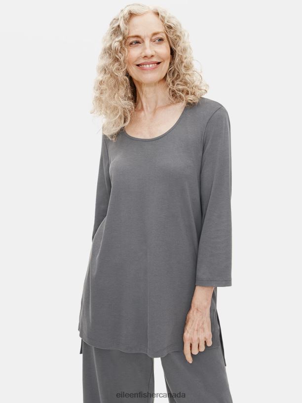EILEEN FISHER Organic Cotton Interlock Long Sleep Top Easy Fit Long Length Women ASH Clothing 024FN1017