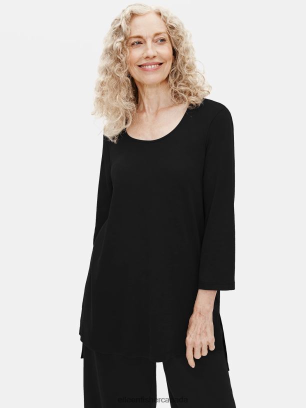 EILEEN FISHER Organic Cotton Interlock Long Sleep Top Easy Fit Long Length Women BLACK Clothing 024FN1016