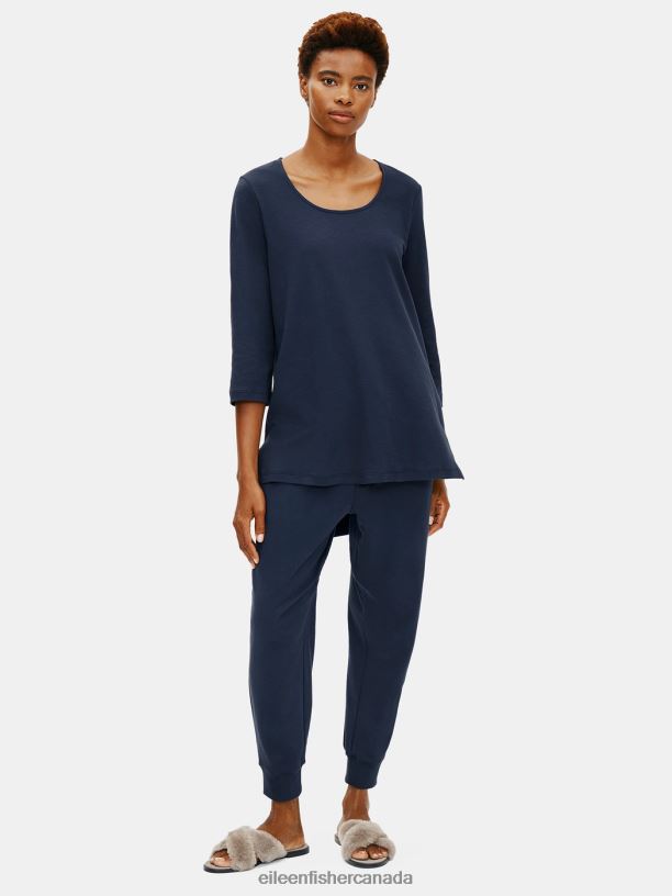 EILEEN FISHER Organic Cotton Interlock Long Sleep Top Easy Fit Long Length Women INDIGO Clothing 024FN1018