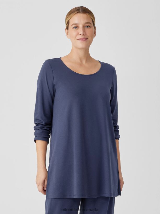 EILEEN FISHER Organic Cotton Interlock Long Sleep Top Easy Fit Thigh Length Women INDIGO Clothing 024FN957