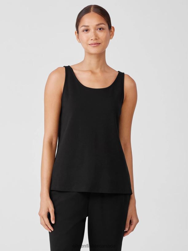 EILEEN FISHER Organic Cotton Interlock Scoop Neck Sleep Tank Easy Fit Basic Length Women BLACK Clothing 024FN965