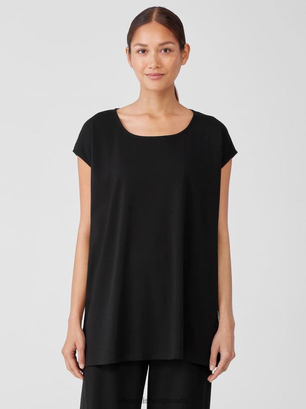 EILEEN FISHER Organic Cotton Interlock Scoop Neck Sleep Tee Boxy Fit Thigh Length Women BLACK Clothing 024FN982