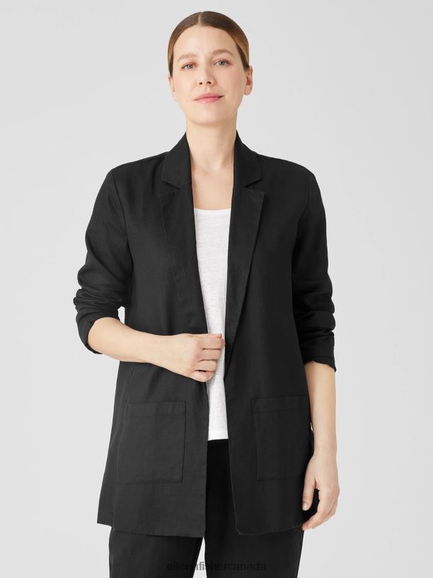 EILEEN FISHER Organic Linen Long Blazer Easy Fit Thigh Length Women BLACK Clothing 024FN492