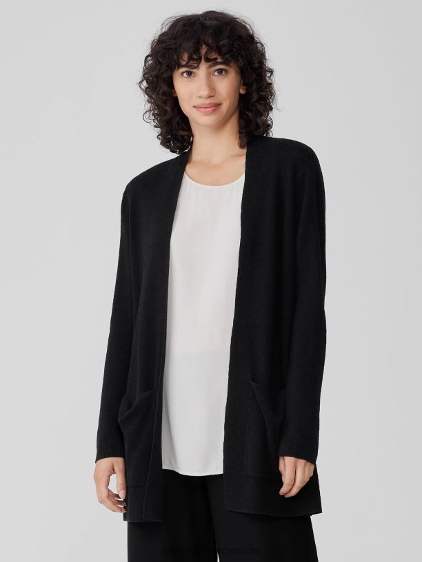 EILEEN FISHER Linen Crepe Stretch Cardigan Easy Fit Thigh Length Women BLACK Clothing 024FN404