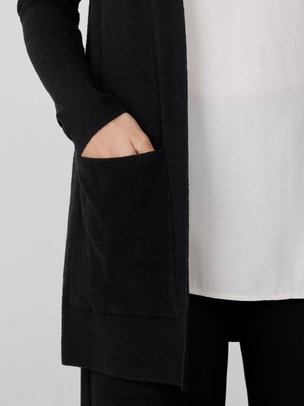 EILEEN FISHER Linen Crepe Stretch Cardigan Easy Fit Thigh Length Women BLACK Clothing 024FN404