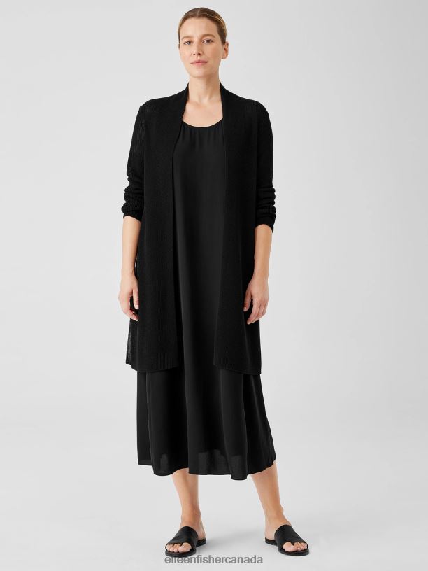 EILEEN FISHER Organic Cotton Silk Cord Long Cardigan Easy Fit Thigh Length Women BLACK Clothing 024FN445