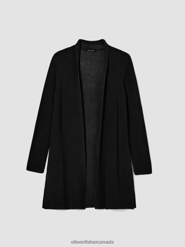 EILEEN FISHER Organic Cotton Silk Cord Long Cardigan Easy Fit Thigh Length Women BLACK Clothing 024FN445