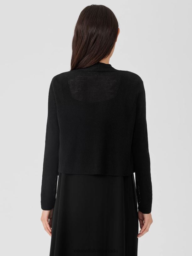 EILEEN FISHER Organic Linen Cotton Airy Tuck Cropped Cardigan Easy Fit Cropped Length Women BLACK Clothing 024FN390