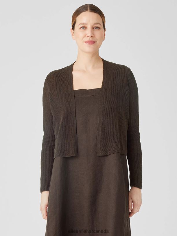 EILEEN FISHER Organic Linen Cotton Airy Tuck Cropped Cardigan Easy Fit Cropped Length Women ESPRESSO Clothing 024FN393
