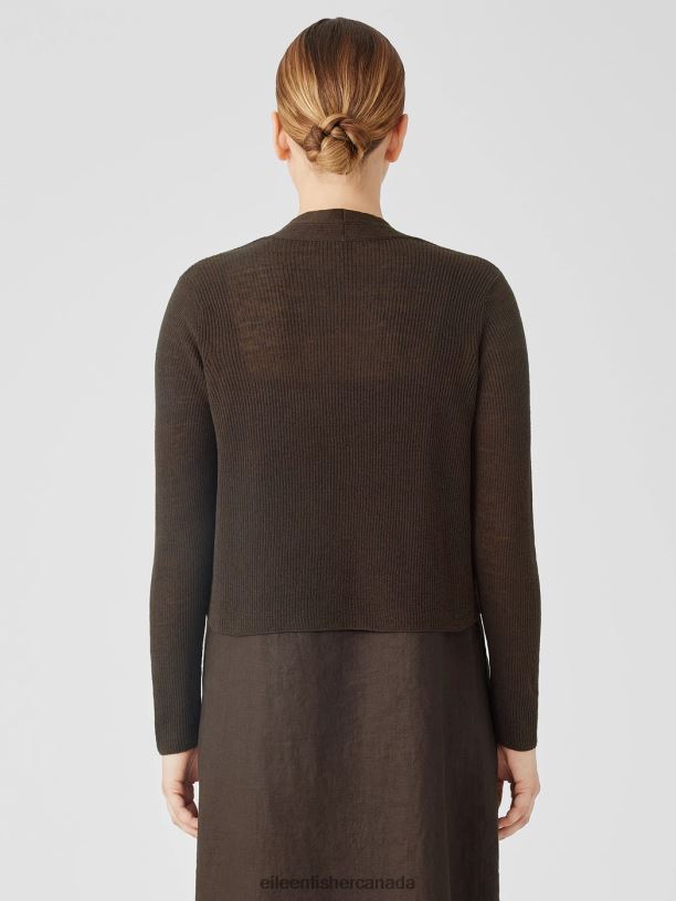 EILEEN FISHER Organic Linen Cotton Airy Tuck Cropped Cardigan Easy Fit Cropped Length Women ESPRESSO Clothing 024FN393