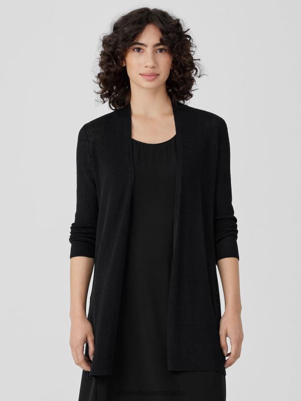 EILEEN FISHER Organic Linen Cotton Airy Tuck Long Cardigan Easy Fit Thigh Length Women BLACK Clothing 024FN395