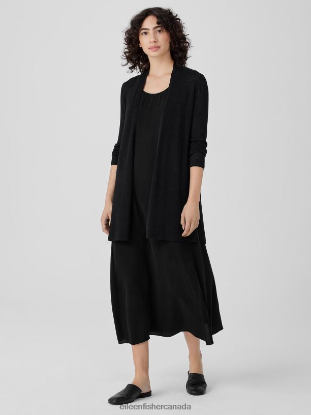 EILEEN FISHER Organic Linen Cotton Airy Tuck Long Cardigan Easy Fit Thigh Length Women BLACK Clothing 024FN395