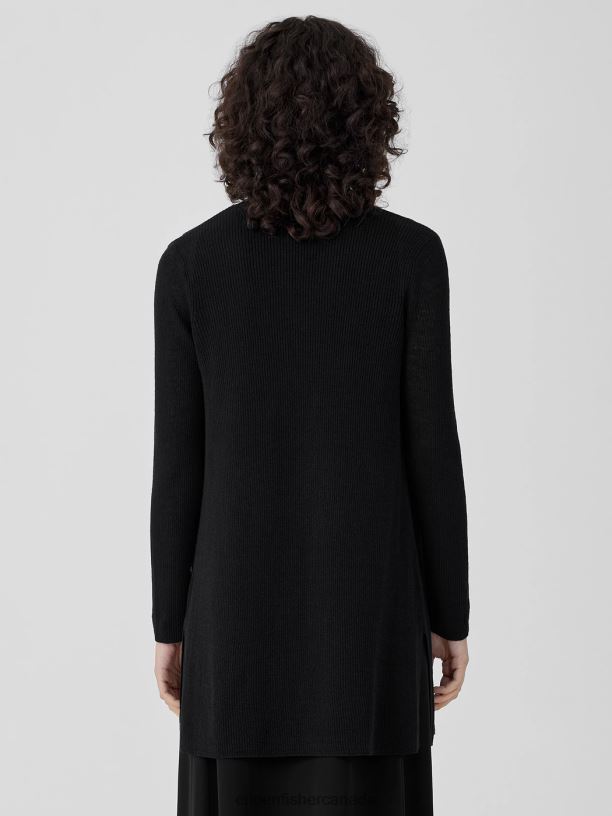 EILEEN FISHER Organic Linen Cotton Airy Tuck Long Cardigan Easy Fit Thigh Length Women BLACK Clothing 024FN395