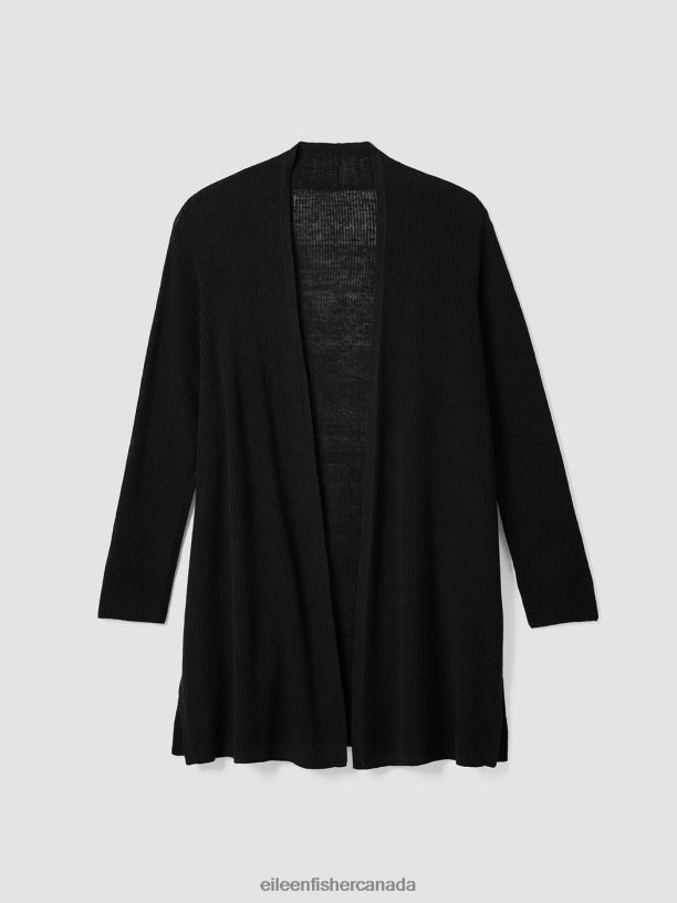 EILEEN FISHER Organic Linen Cotton Airy Tuck Long Cardigan Easy Fit Thigh Length Women BLACK Clothing 024FN395